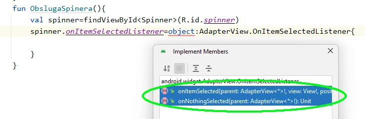 obsługa Spinner Kotlin Android Studio