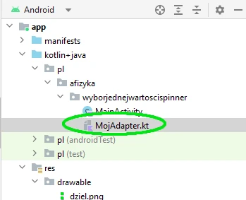 niestandardowy Spinner Kotlin Android Studio