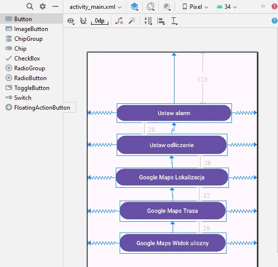 Android Studio układ widoku intencja domniemana