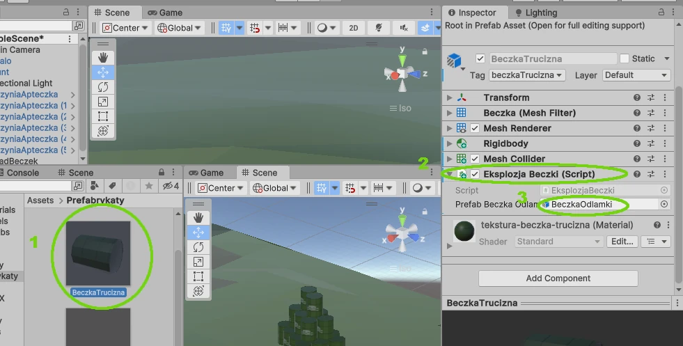 Prefab Beczka Odlamki Unity