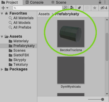 prefabrykat beczki Unity