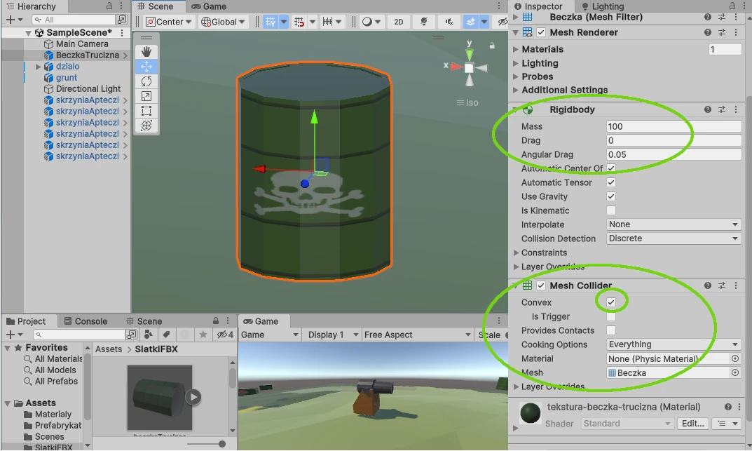 siatka beczki fbx Rigidbody Unity