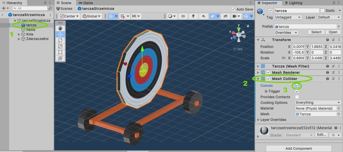 Mesh Collider tarczy strzelniczej Unity