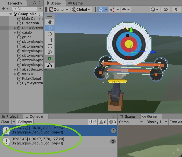 trafienie kuli w cel w Unity