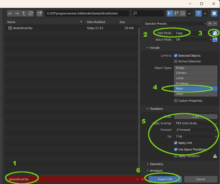 jak exportowac do fbx Blender do importu fbx dla Unity
