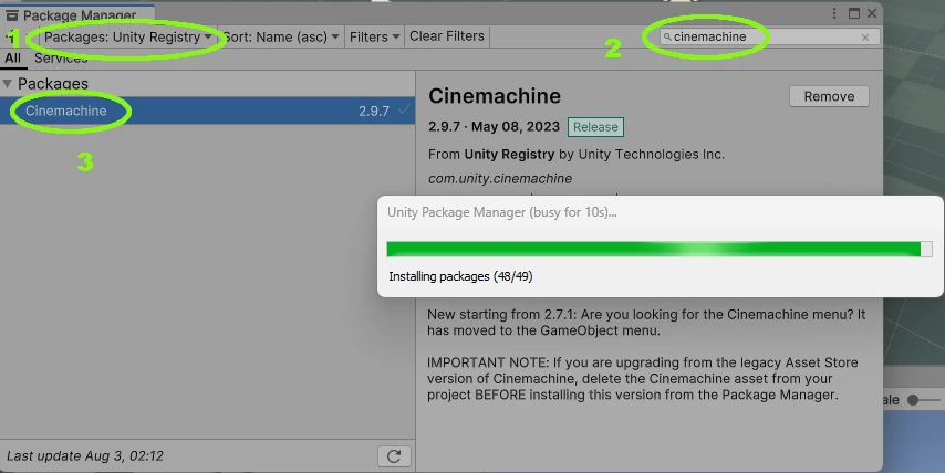 Instalacja pakietu Cinemachine Unity