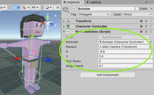 parametry skryptu Character Controller Unity