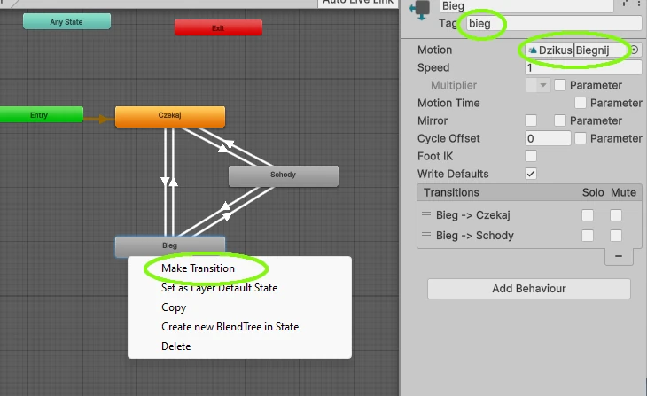 węzły i połaczenia animacj Unity