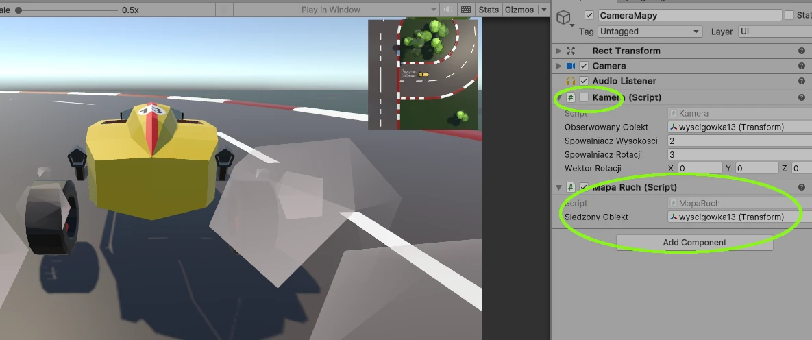 efekt działania skryptu kamery mapy Unity