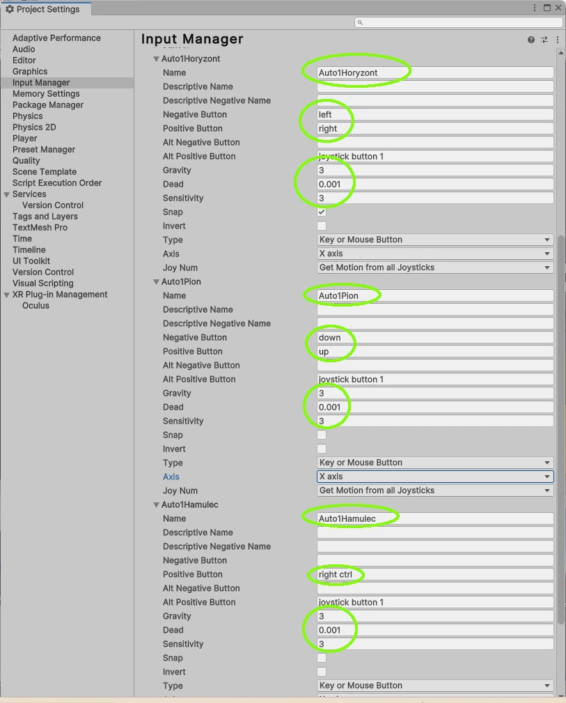 konfiguraca pierwszego gracza Input Manager Unity