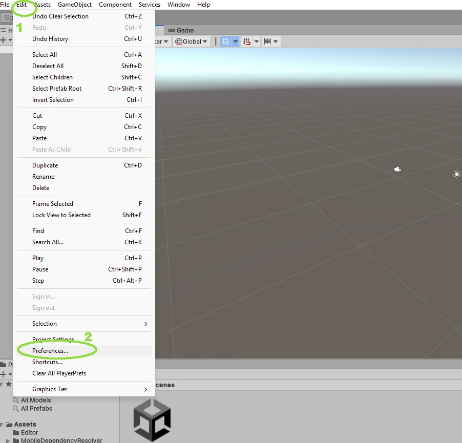 Unity i z menu Edit wybierz Preferences