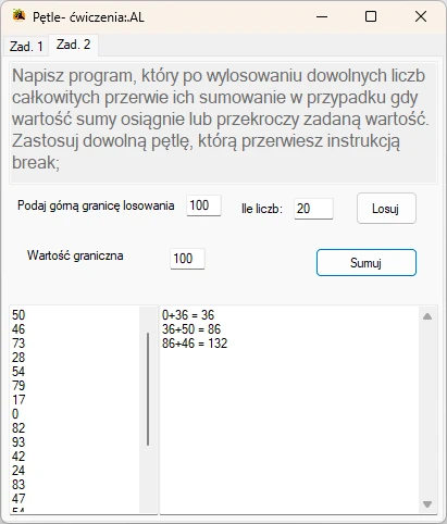 przerwanie pętli instrukcja break, Visual studio C#