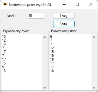 aplikacja wykorzystująca sortowanie przez wybór, Visual studio C#