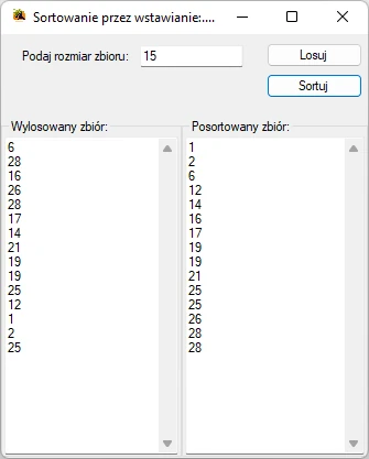 Przykładowa aplikacja wykorzystująca algorytm sortowania liniowego przez wstawianie Visual studio C#