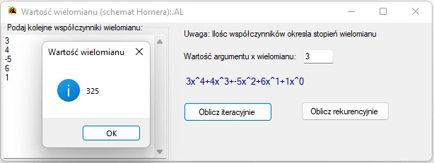 Obliczanie wartości wielomianu- schemat Hornera