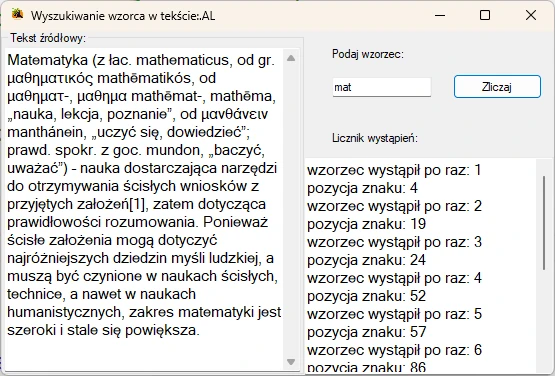 Przykłądowa aplikacja algorytmu naiwnego wyszukiwania wzorca w tekście. Visual studio C#