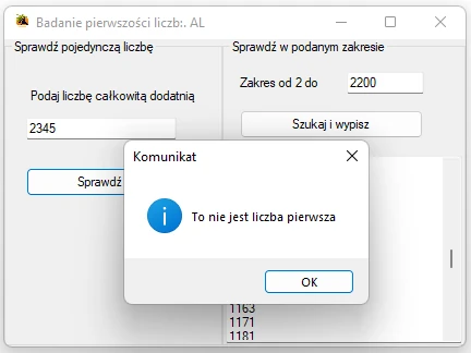 aplikacja badania pierwszości liczb. Visual studio C#