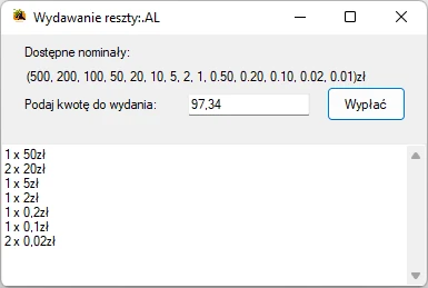 aplikacja wydająca resztę metodą zachłanną Visual studio C#