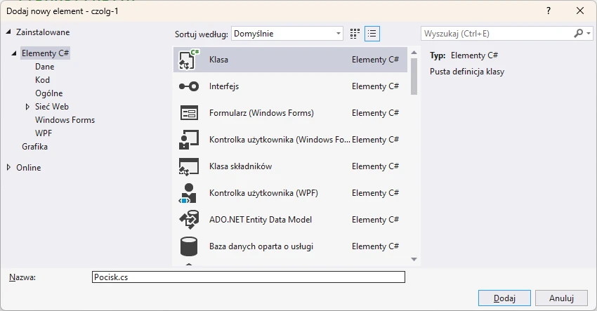 tworzenie klasy pocisk Visual studio C#