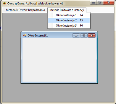 Menu głównego okna instancja okna visuala studio c#
