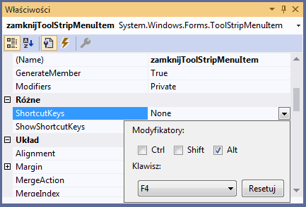 Dodanie klawiszy skrótów visual studio c#