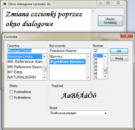 Okno dialogowe czcionek- FontDialog