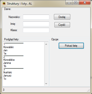 struktury i listy danych w c# visual studio