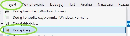 Tworzymy klasę potomną dla okręgu. Visual Studio C#