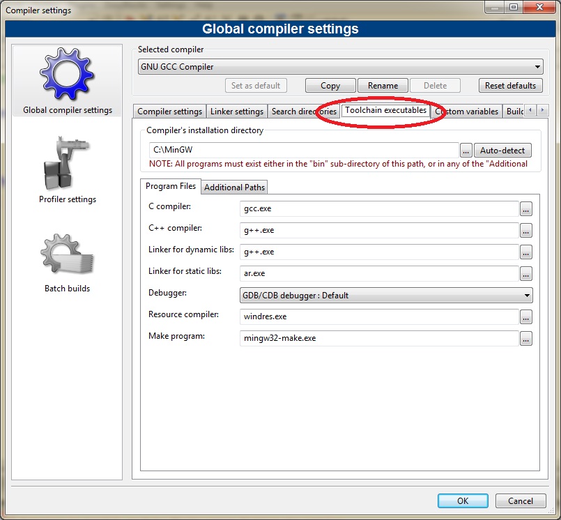 zakładkę Toolchain executables