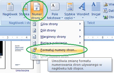 oknie dialogowym Format numeru strony