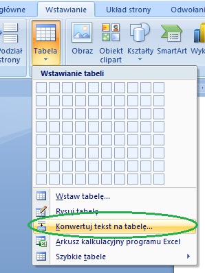 opcja Konwertuj tekst na tabelę