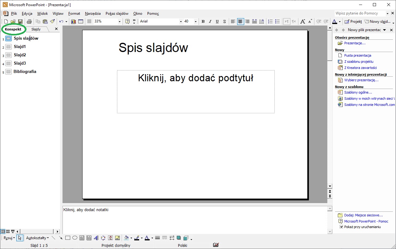 budowa prezentacji slajdy zakładka konspekt