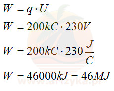 Obliczamy jaka została wykonana praca przez urządzenie zasilane napięciem 230 V gdy przepłynął